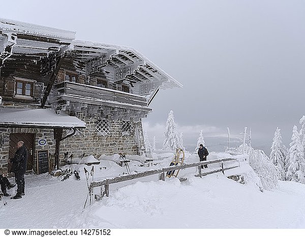 Mountain Shelter Lusenschutzhaus near the top of mount Lusen in the National Park Bavarian Forest (Bayerischer Wald) in the deep of winter. Europe  Germany  Bavaria  January
