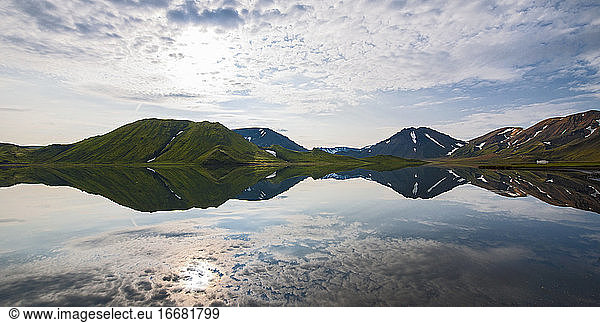 mountains reflecting in a still lake on the Icelandic highlands
