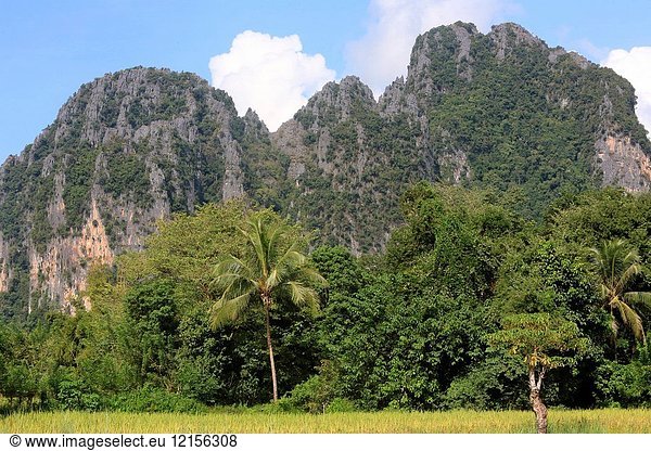Mountainsides in rural Laos near the town of Vang Vieng.