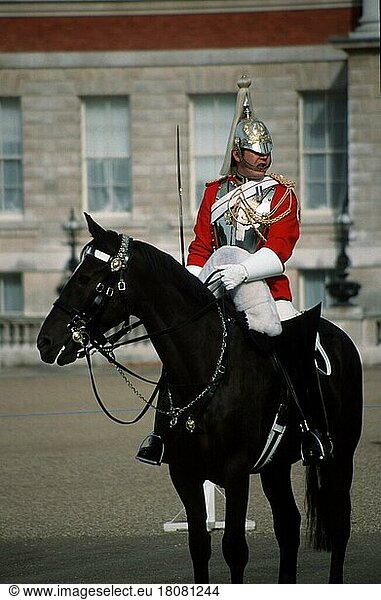Mounted Horse Guard Soldier  Whitehall  London  England  Great Britain  Horse Guards Mounted Guard Soldier  Great Britain  Europe  human & animal  human & animal  vertical