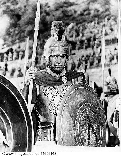 movie  The 300 Spartans  USA  1962  director: Rudolp Mate  scene with: Richard Egan  half length  as king Leonidas I  wearing armature  480 BC  Battle of Thermopylae  historical movie