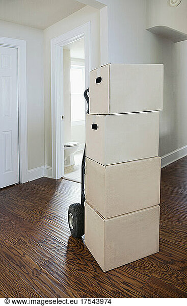 Moving house  relocation  cardboard boxes piled up in a house
