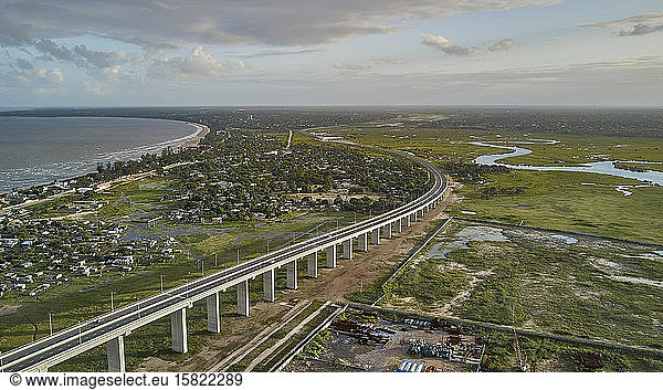 Mozambique  Katembe  Aerial view of Maputo-Katembe Bridge and surrounding fields