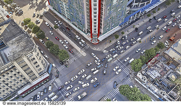 Mozambique Maputo Aerial view of traffic jam on city intersection