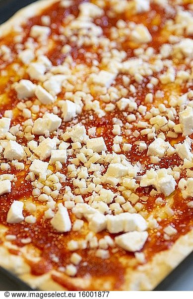 Mozzarella Cheese whit Tomato Sauce on Homemade Rustic Pizza..