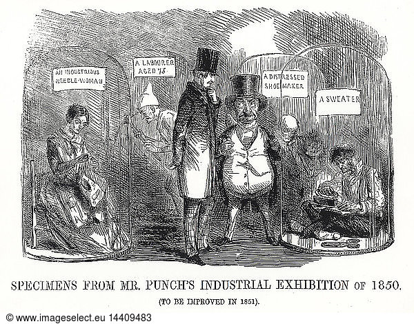 Mr Punch showing Prince Albert  the Prince Consort  the pathetic condition of British workers used as sweated labour  and hoping things will be improved by the forthcoming Great Exhibition 1851. Cartoon from "Punch"  London  1851.