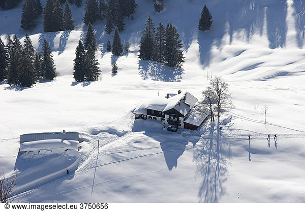 Mt. Bodenschneidhaus cabin in wintertime  Neuhaus  Bavaria  Germany  Europe