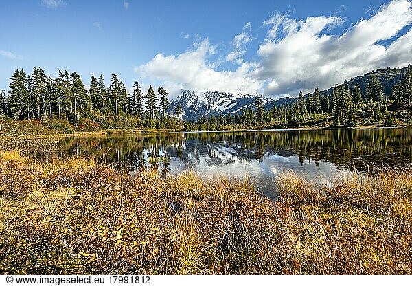 Mt. Shuksan Gletscher mit Schnee mit Spiegelung im Picture Lake  bewaldete Berglandschaft im Herbst  Mt. Baker-Snoqualmie National Forest  Washington  USA  Nordamerika