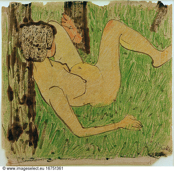 Mueller  Otto;
1874–1930.
“Resting naked girl   1912.
Ink and colored chalk  46.5 × 38.2 cm. Bernried  Buchheim-Museum.