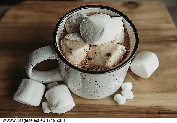 Mug filled with hot chocolate and marshmallows