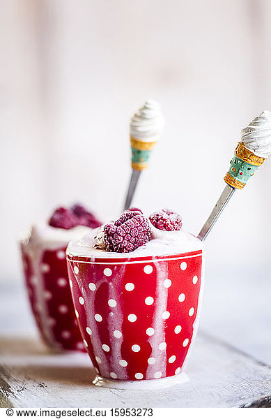 Mug of homemade soft ice cream with raspberries