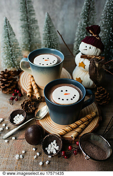Mugs of hot cocoa with marshmallows surrounded by winter things.