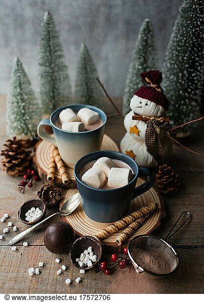 Mugs of hot cocoa with marshmallows surrounded by winter things.