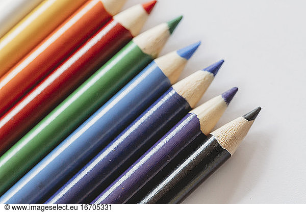 Multi-colored coloring pencils on white background