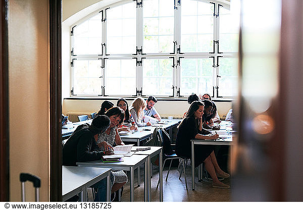Multi-ethnic students sitting at desks during language class