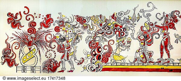 Multicoloured mural with mythological scenes  reconstruction  pre-Columbian Maya excavation site San Bartolo  Popol Vuh Museum  Guatemala City  Petén  Guatemala  Central America