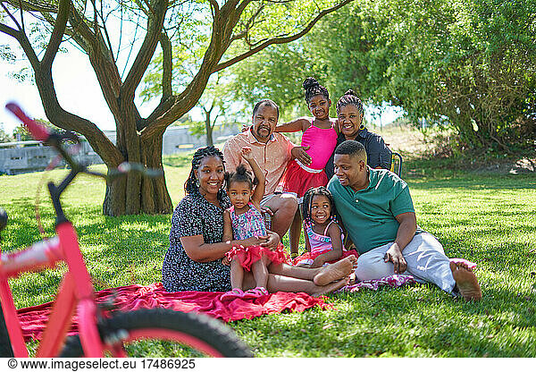 Multigenerational family posing in summer park
