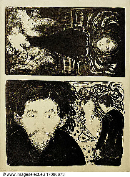 Munch  Edvard
1863–1944 
Norwegian painter. Jealousy I; The elm tree   1896. Two lithographs (charcoal ink)  folio size (Jealousy): 66.6 × 50 cm 
(The elm tree): 33.1 x 45.6 cm. Inv.nor. A 1955/1776
Stuttgart  Staatsgalerie  Graphische Slg.