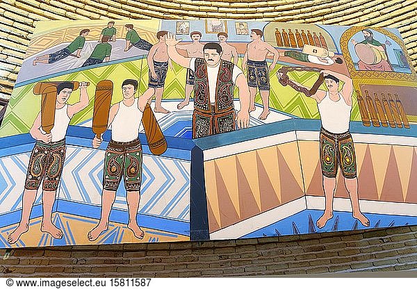 Mural decoration in the Yazd Zourkhaneh known as gymnasium or house of Strength  Yazd  Iran  Asia