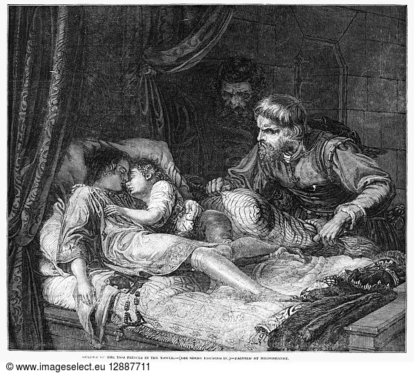 MURDER OF TWO PRINCES. The supposed murder of princes Edward V and Richard of Shrewsbury  the illegitimate sons of King Edward IV of England and Elizabeth Woodville  in the Tower of London  1483. Line engraving after a painting by Hildebrandt  1850.