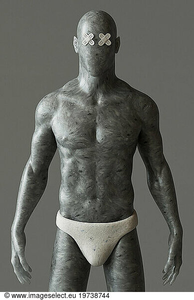 Muscular mannequin with band aid eyes and underwear standing against gray background