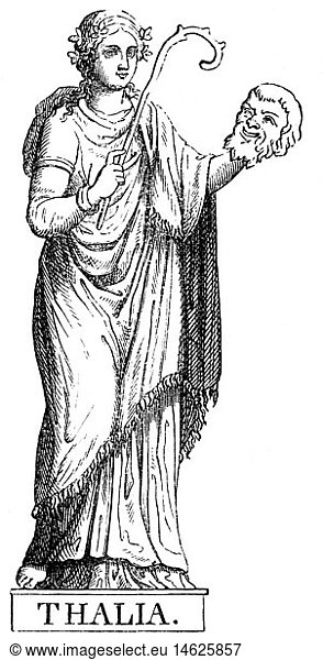 Musen  BeschÃ¼tzerinnen der KÃ¼nste in der griech. Mythologie  Thalia  Muse der KomÃ¶die  Xylografie  19. Jahrhundert