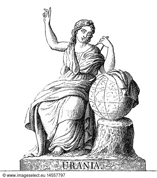 Musen  BeschÃ¼tzerinnen der KÃ¼nste in der griech. Mythologie  Urania  Muse der Sternkunde  Xylographie  19. Jahrhundert