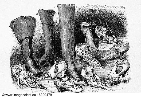 Museum von Cluny  Paris  Sammlung antiker Schuhe. Antike Illustration. 1886.