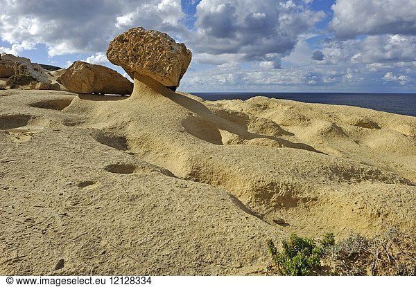 Mushroom rock on the northwest coast of Gozo Island near Wied Il-Mielah  Gharb  Malta  Mediterranean Sea  Southern Europe.