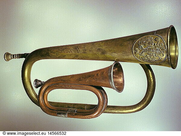 music  instruments  horn  two bugles  Germany  19th century  Munich Stadtmuseum  brass  bugle  military  instruments  aerophone  historic  historical