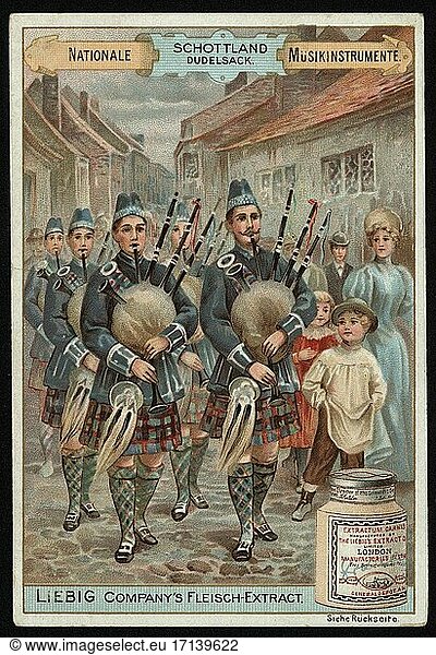 Music / Instruments:
Wind Instruments / Bagpipes. “Schottland – Dudelsack (Scotland – bagpipes). Colour lithograph  c. 1895.
Collector’s card of the Liebig Company’s Fleisch-Extract.
From the series: Nationale Musikinstrumente (national musical instruments).
Berlin  Sammlung Archiv für Kunst und Geschichte.