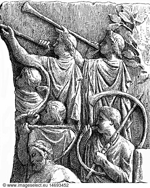music  instruments  wind instruments  Roman blowers with Tuba and Bucina  after relief from the triumphal column of Emperor Marcus Ulpius Traianus  113 AD  wood engraving  19th century  Trajan's Column  Trajan  Roman  Romans  ancient world  ancient times  Roman Empire  musical instrument  musical instruments  key  keys  brass instrument  brass instruments  aerophone  bucinator  2nd century  people  men  man  male  wind instruments  wind instrument  blower  blowers  tuba  tubas  triumphal column  triumphal columns  emperor  emperors  historic  historical  ancient world
