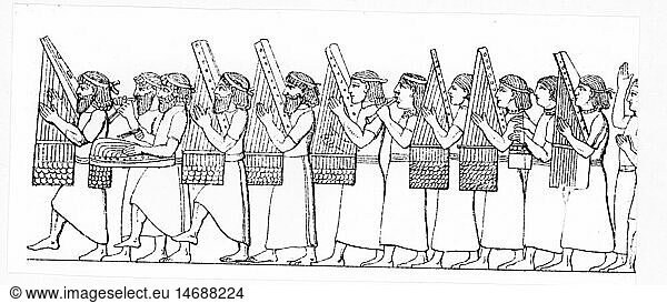 music  music group  Assyrian orchestra with angle harps  double-flutes and dulcimer  relief  1st half 1st millenium BC  wood engraving  19th century  harps  angle harp  flute  pipe  flutes  pipes  musical instrument  musical instruments  aulos  chordophone  plucked instrument  plucked instruments  percussion instrument  percussion instruments  stringed instrument  string instrument  stringed instruments  string instruments  key  keys  wind instruments  wind instrument  aerophone  Assyria  ancient world  ancient times  Assyrian empire  people  harpist  harf player  music group  music groups  orchestra  orchestras  dulcimer  dulcimers  historic  historical
