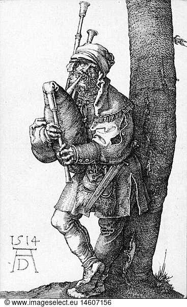 music  musician  bagpiper  full length  copper engraving by Albrecht Duerer  Nuremberg  1514
