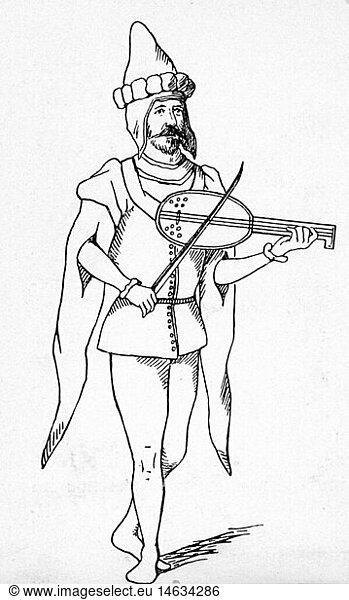 music  musician  bandsman with a rebec  15th century  wood engraving  19th century  rebec player  musical instrument  musical instruments  chordophone  stringed instrument  stringed instruments  string instruments  bowed instrument  string instrument  bowed instruments  the strings  bows  bow  Middle Ages  Gothic style  Gothic period  fashion  clothes  people  man  men  male  bandsman  bandsmen  historic  historical