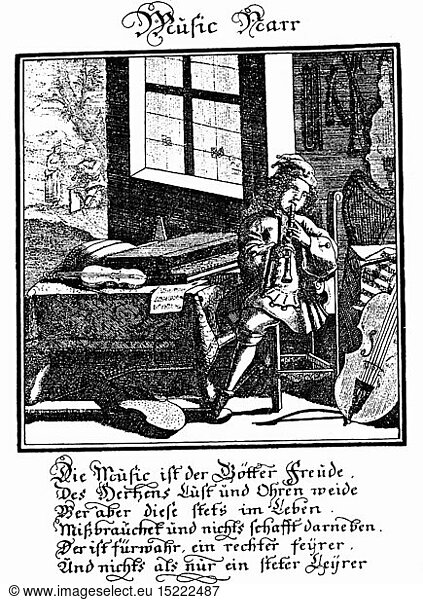 music  musician  music fiend  copper engraving  'Narrenbuch' by Abraham a Sancta Clara  Nuremberg  1709