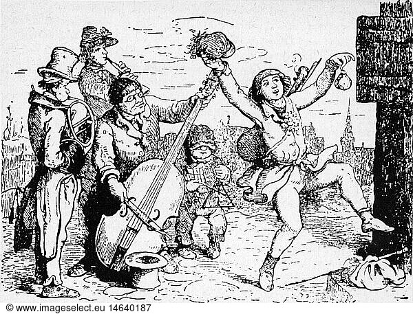 music  musician  street musicians  wood engraving after drawing by Ludwig Richter  circa 1840