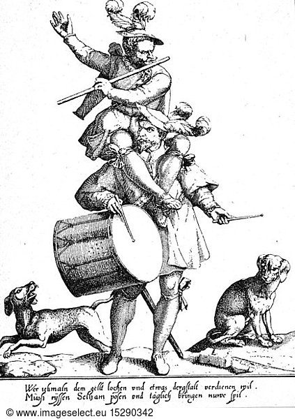 music  musicians  bandsmen  flute player is sitting on the shoulders of a drummer  copper engraving by Lorenz Strauch  Nuremberg  late 16th century  flutist  flutists  drum player  bandsman  entertainer  entertainers  entertainment  entertainments  piggyback  piggy-back  sitting  sit  musical instrument  musical instruments  make music  play music  making music  playing music  makes music  plays music  made music  played music  playing  play  drum  drums  pipe  pipes  transverse flute  transverse flutes  key  keys  wind instruments  wind instrument  aerophone  percussion instrument  percussion instruments  membranophone  fashion  clothes  hat  hats  animals  animal  dog  dogs  Germany  people  men  man  male  headpiece  headpieces  bandsman  bandsmen  flute player  piper  flute players  pipers  shoulder  shoulders  drummer  drummers  percussionist  percussionists  historic  historical _NOT