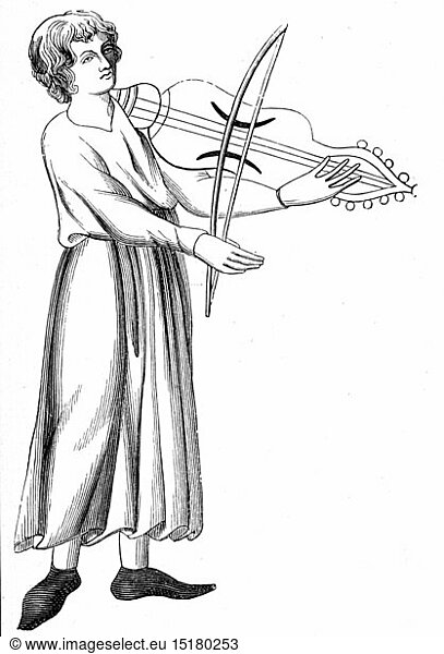 music  musicians  string player with a three-stringed bowed instrument  after miniature  France  13th century  wood engraving  19th century  musical instrument  musical instruments  stringed instrument  stringed instruments  string instruments  chordophone  Middle Ages  Gothic style  Gothic period  three string  bows  bow  people  man  men  male  bowed instrument  string instrument  bowed instruments  the strings  miniature  miniatures  historic  historical