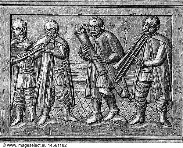 music  musicians  wind players  high relief on a music desk  Galicia  1633