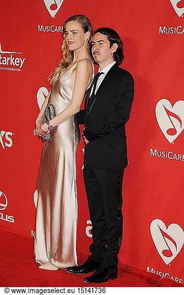 Musician Dhani Harrison (R) and wife Solveig 'Sola' Karadottir attend the 2015 MusiCares Person of the Year Gala honoring Bob Dylan at the Los Angeles Convention Center on February 6  2015 in Los Angeles  California.