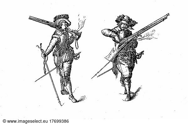 Musketiere beim Exerzitium  16. Jahrhundert  Historisch  digital restaurierte Reproduktion aus dem 19. Jahrhundert  genaues Datum unbekannt