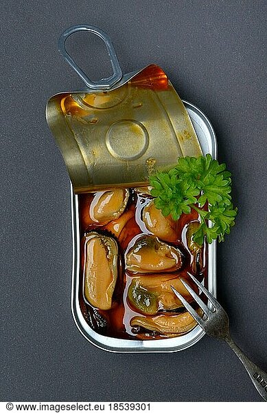 Mussels (Mytilus galloprovincialis) with marinade in tin can  Spain  Europe