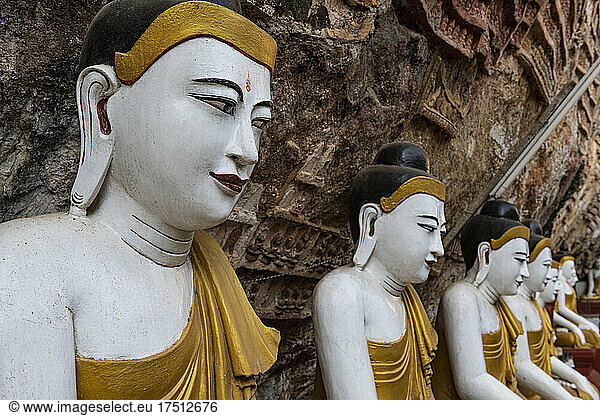 Myanmar  Kayin State  Hpa-an  Buddha statues inside Kawgun Cave