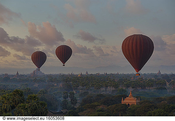 Myanmar  Mandalay Region  Bagan  Hot air balloons flying over Buddhist temples at dawn