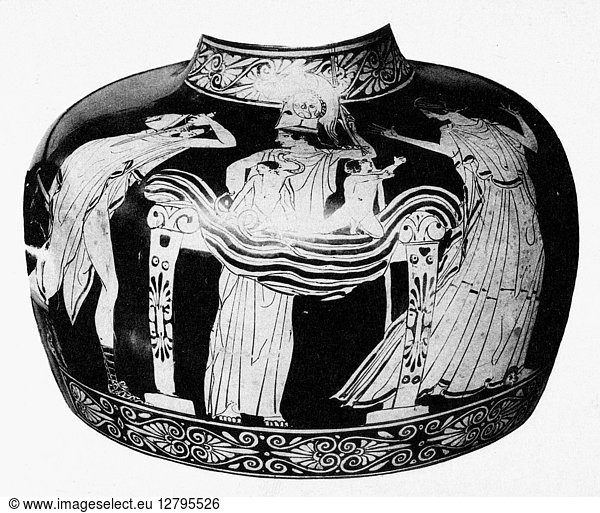 MYTHOLOGY: HERCULES. The infant Hercules strangling the serpents. From a Greek vase  5th century B.C.