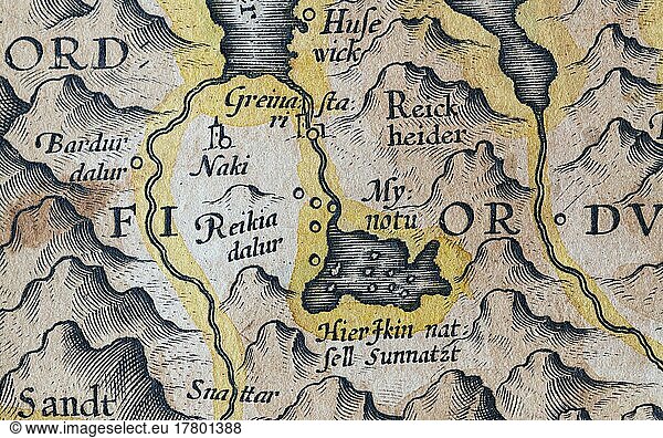 Myvatn or Mývatn  Iceland  hand-coloured Iceland copperplate engraving by Gerhard Mercator  1595  Europe