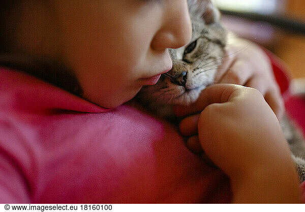 Nahaufnahme eines kleinen Kindes  das ein kleines Kätzchen küsst und streichelt