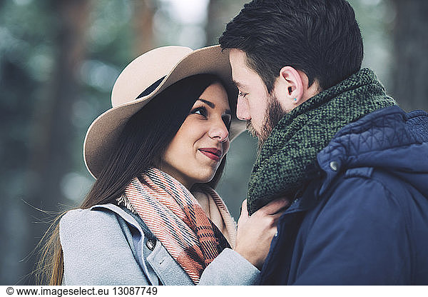 Nahaufnahme eines romantischen Paares  das sich im Winter im Wald betrachtet
