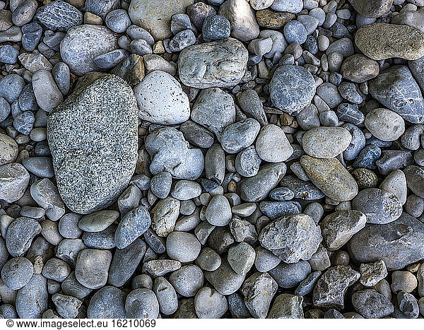 Nahaufnahme von Kieselsteinen in verschiedenen Formen und Ausprägungen